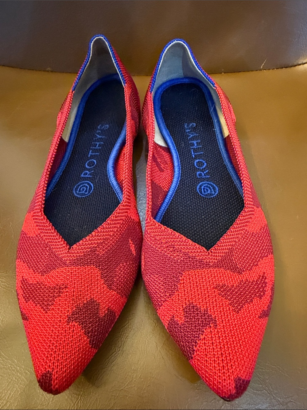 Rothy's Red Knit Pointed-Toe Flats with Blue Trim